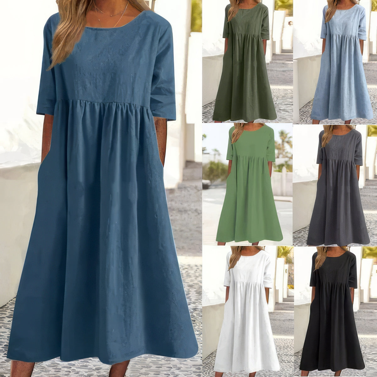 Adeline™ | Robe en coton avec col rond et poches