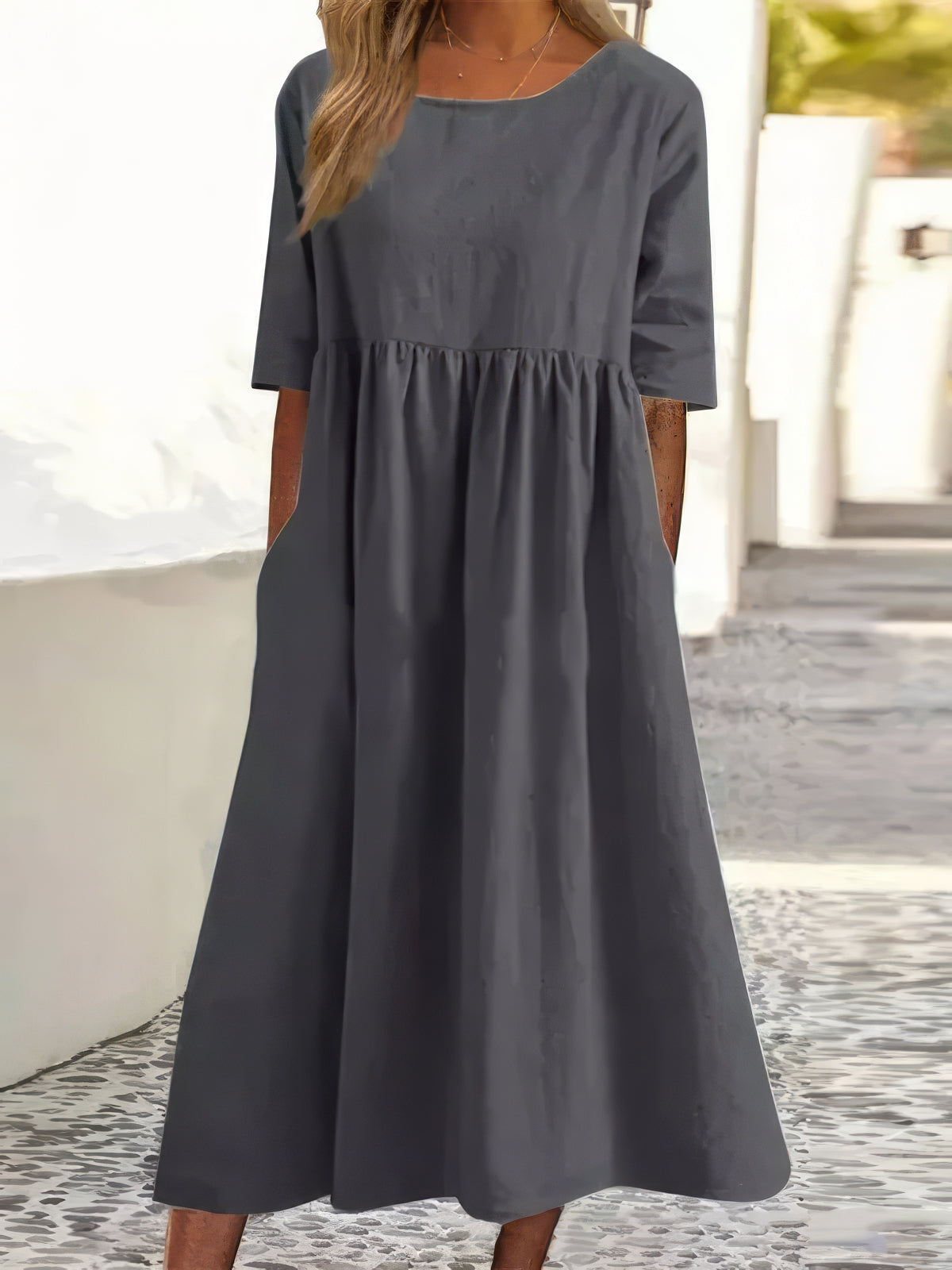Adeline™ | Robe en coton avec col rond et poches