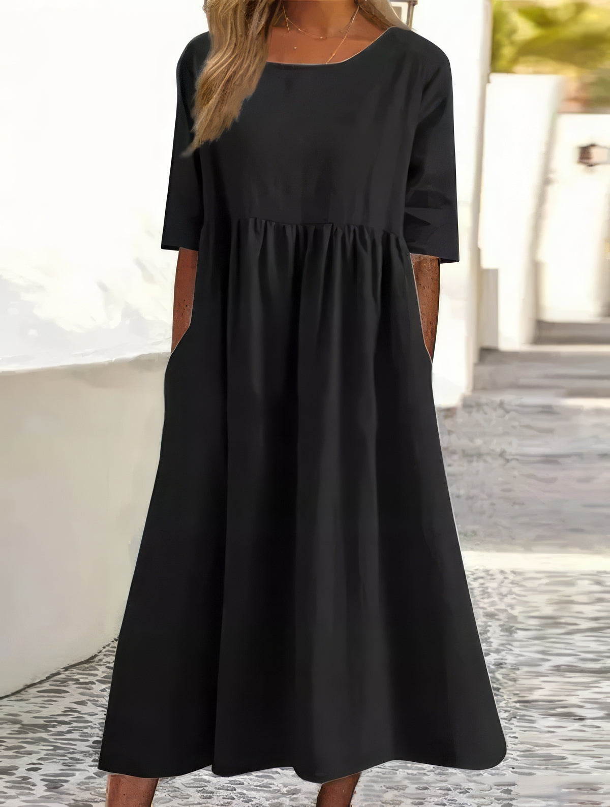 Adeline™ | Robe en coton avec col rond et poches