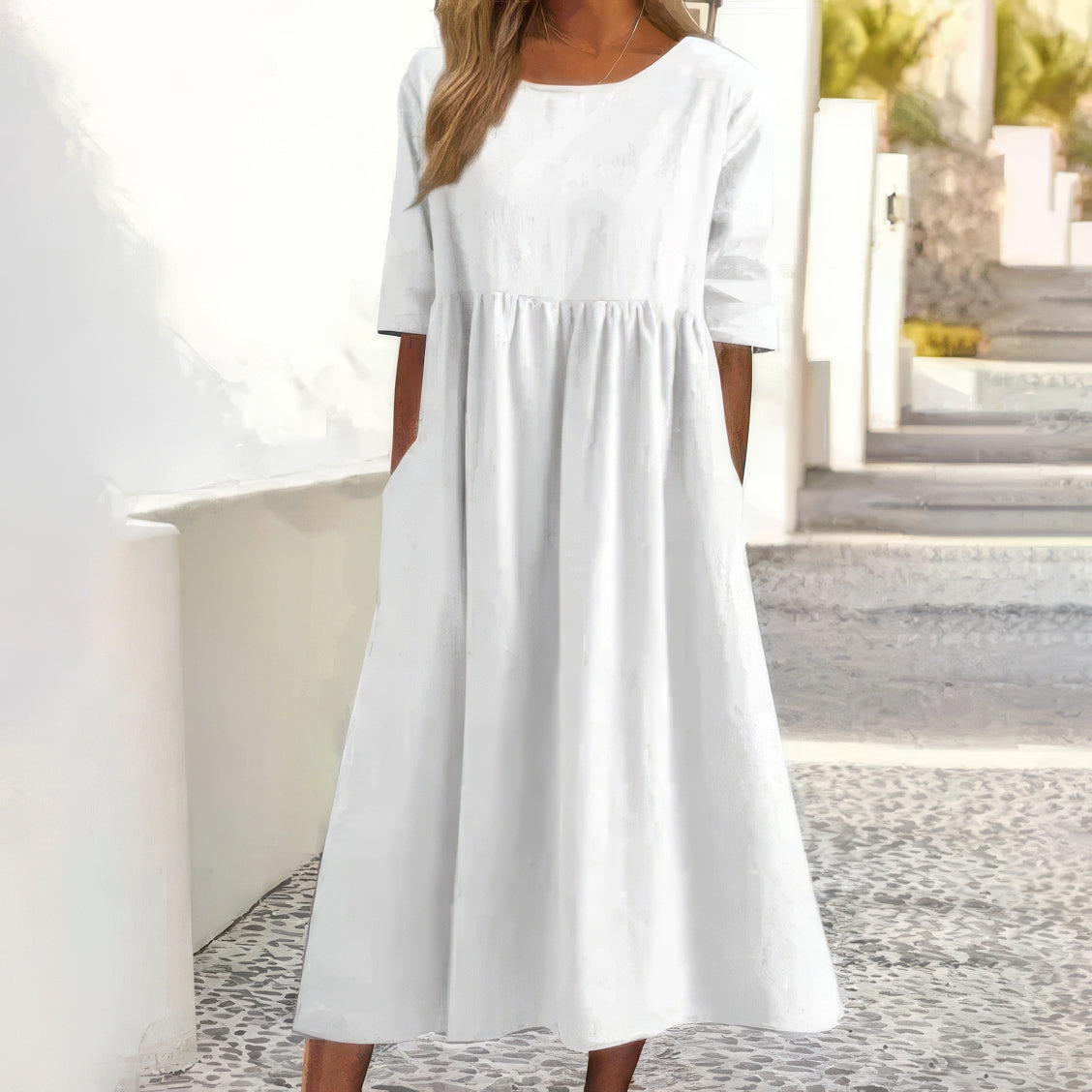 Adeline™ | Robe en coton avec col rond et poches