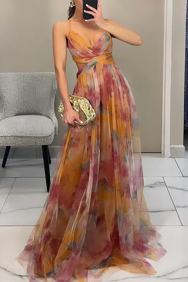 Alina™ | Robe Longue Aérienne à Bretelles et Imprimé Aquarelle