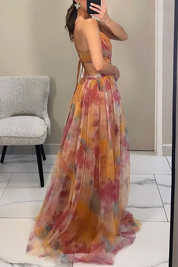 Alina™ | Robe Longue Aérienne à Bretelles et Imprimé Aquarelle