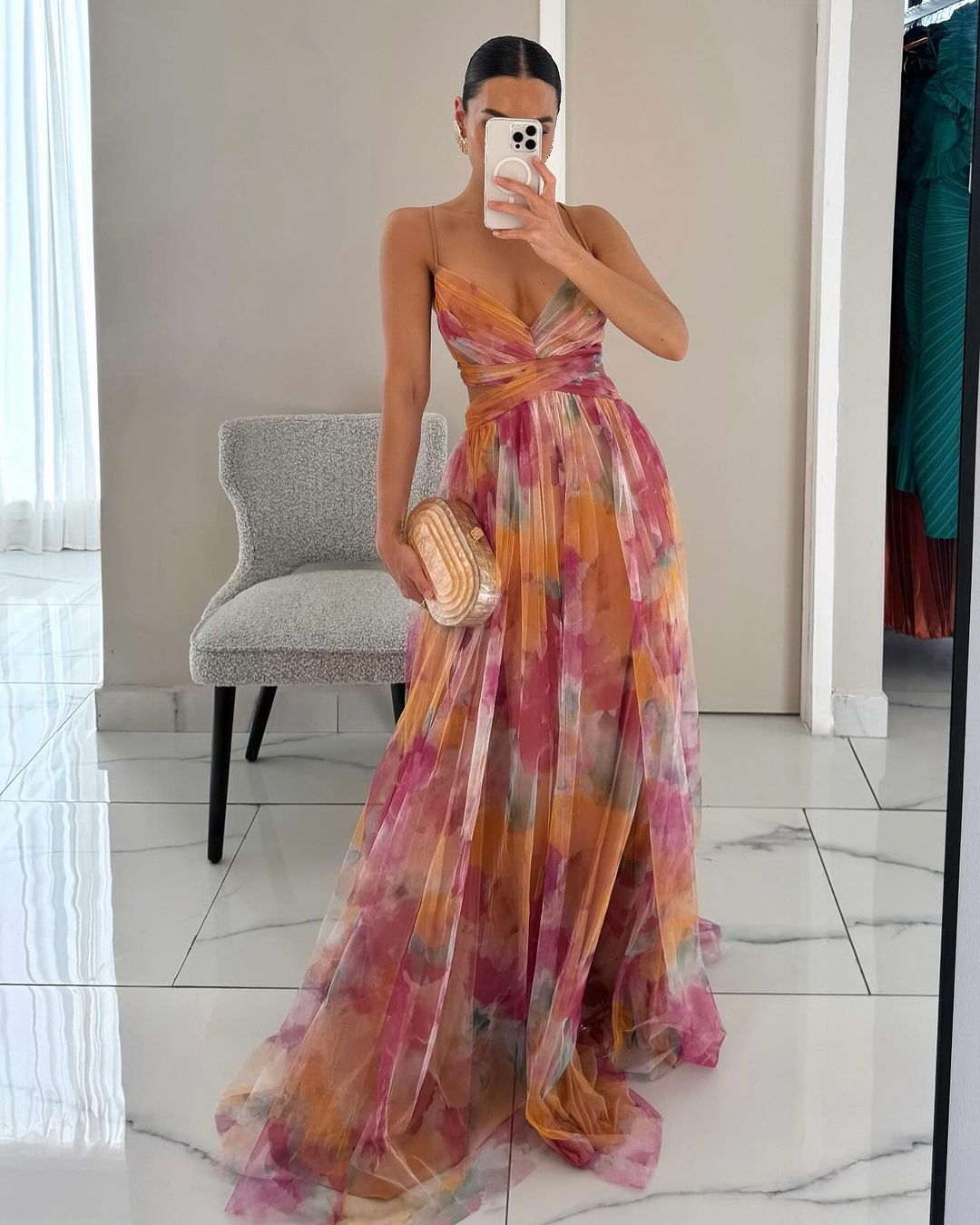 Alina™ | Robe Longue Aérienne à Bretelles et Imprimé Aquarelle