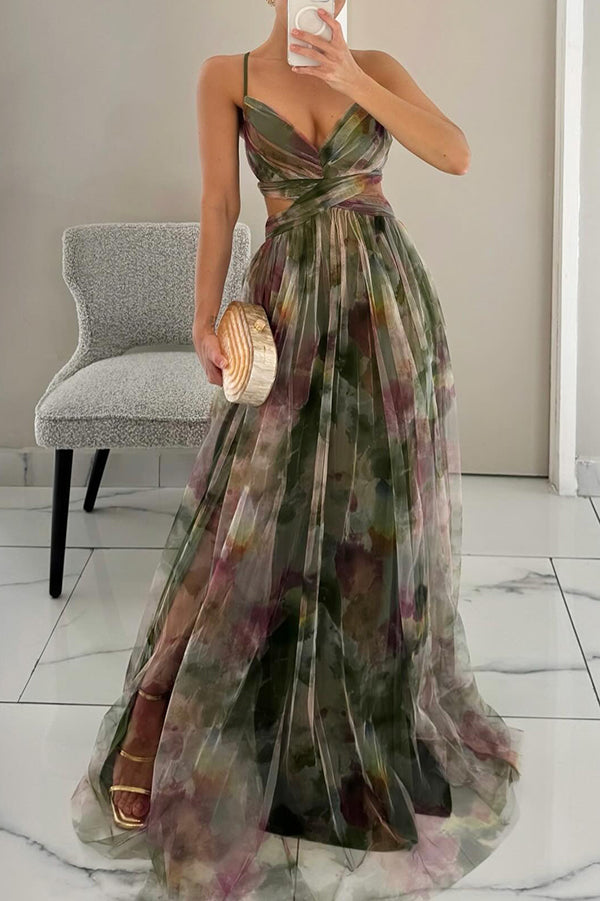 Alina™ | Robe Longue Aérienne à Bretelles et Imprimé Aquarelle
