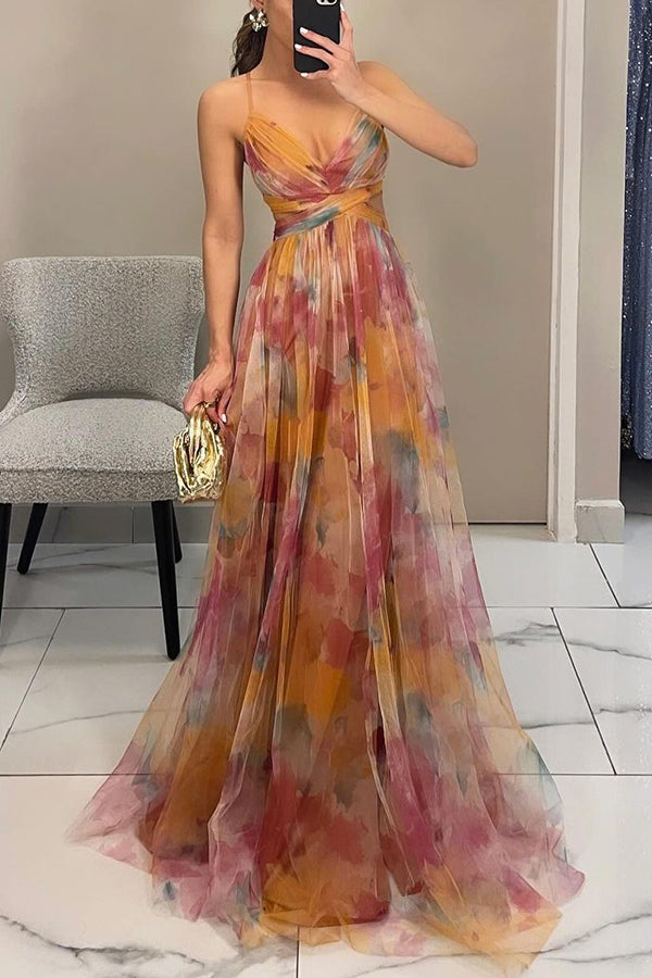 Alina™ | Robe Longue Aérienne à Bretelles et Imprimé Aquarelle