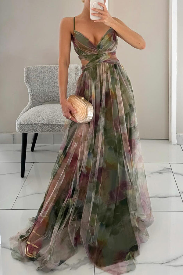 Alina™ | Robe Longue Aérienne à Bretelles et Imprimé Aquarelle